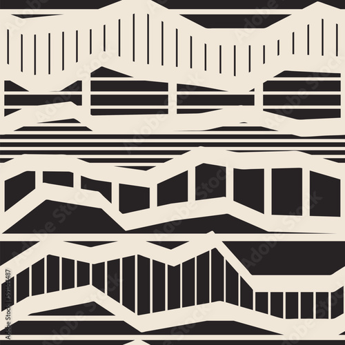 Monochrome abstract seamless pattern with zigzag lines and futuristic shapes. Futuristic monochrome seamless pattern.