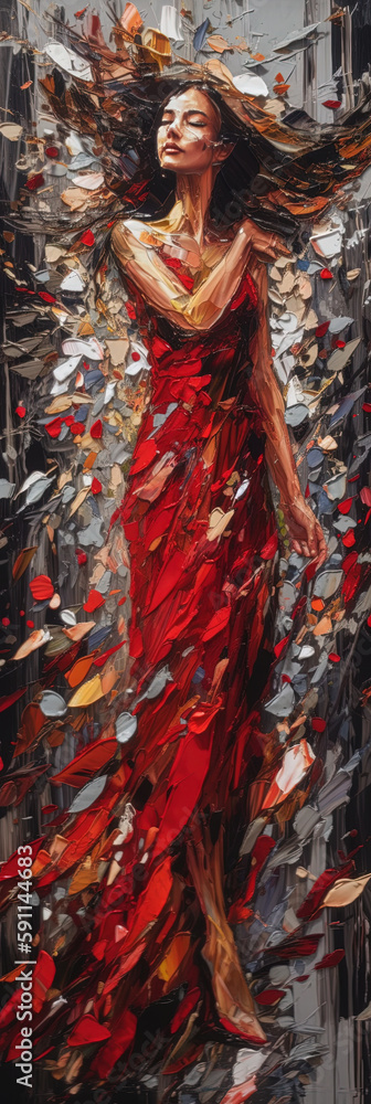 Beautiful Woman in Long Red Dress Oil Pianting Create With Strong Brush Strokes Generative AI