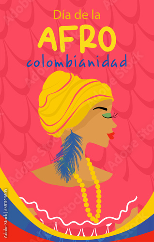 Afro-Colombian Day in Colombia in Spanish. Vertical banner in bright colors. Beautiful woman in national carnival costume