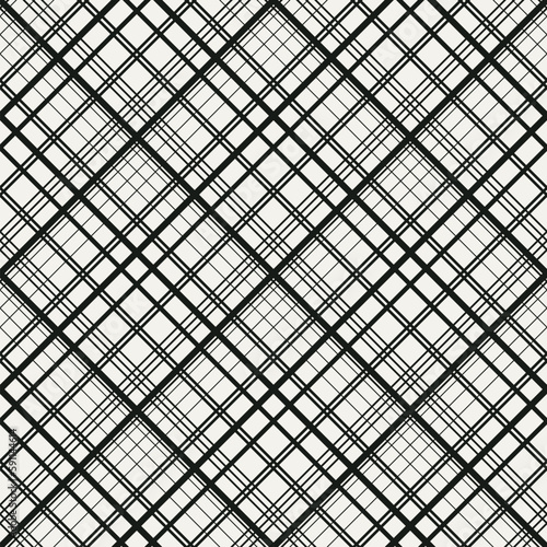 Monochrome diagonal tartan seamless pattern on white background. Oblique tartan vector seamless pattern.