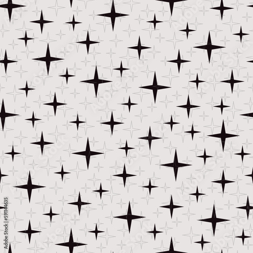 Monochrome seamless pattern with four-pointed stars and dotted star shapes in back. Repetitive vector background for packaging or wallpaper.