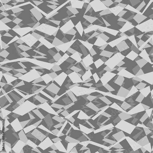 Repetitive asymmetrical shapes with shades of gray for camouflage texture. Abstract geometric seamless pattern for camo uniform.