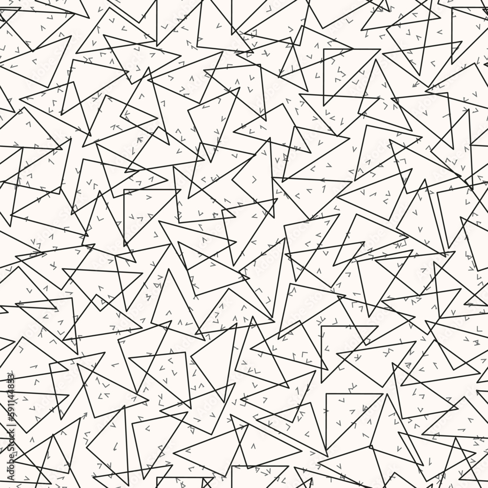 Tangled triangles chaotic placed. Monochrome vector background. Triangle disorder seamless pattern. Tangled triangles chaotic placed. Monochrome vector background. Triangle disorder seamless pattern.