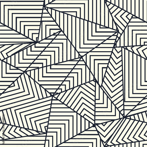Abstract triangle shapes with lines grid structure. Continuous monochrome vector background. Trendy seamless pattern.