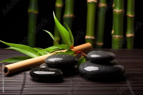 Zen basalt stones and bamboo on bamboo mat - beauty treatment background. Generative AI
