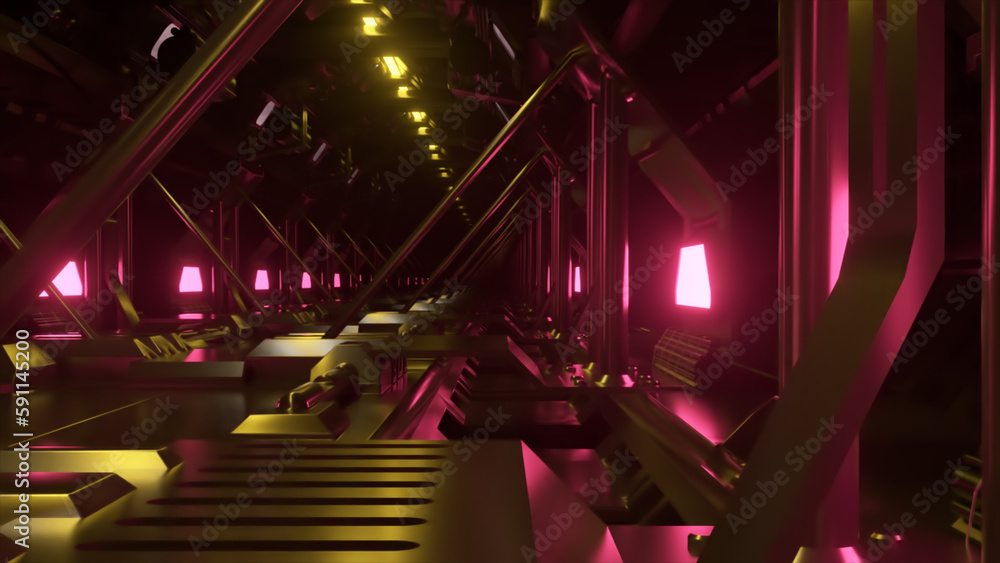 Neon tunnel on the big bridge. Spaceship in space. Yellow purple light.