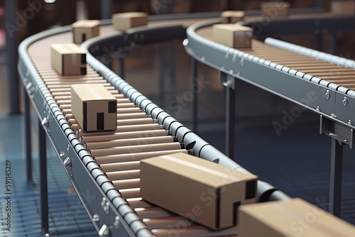 Conveyor belt with cardboard boxes in modern factory. Generative AI © hardqor4ik