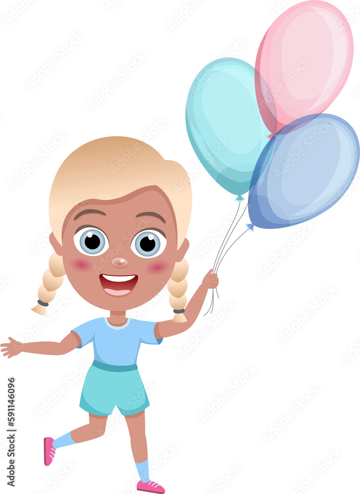 kids, little girl jump with colorful balloons on white background, cartoon illustration, vector. Birthday.Cute children having fun on birthday party. happy kids greeting card celebrate birthday vector