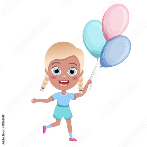 kids, little girl jump with colorful balloons on white background, cartoon illustration, vector. Birthday.Cute children having fun on birthday party. happy kids greeting card celebrate birthday vector