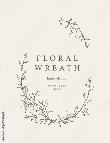 Hand drawn line floral frame. Elegant vintage greenery wreath. Vector illustration botanical decoration elements for wedding invitation, label, branding business identity, greeting card