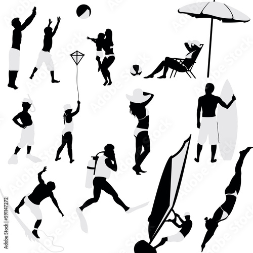 Silhouettes of womens and mans on the beach.