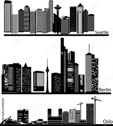 Collection of city skyline vector.Seattle, Berlin, Oslo vector skylines.