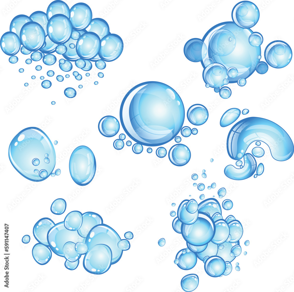 Seven groups of air bubbles in water vector set. Seven groups of air bubbles in water vector set.