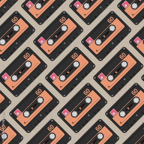 Audio tapes seamless vector pattern. Audio tapes in retro style. Flat design style. Diagonal pattern. Vector color illustration.