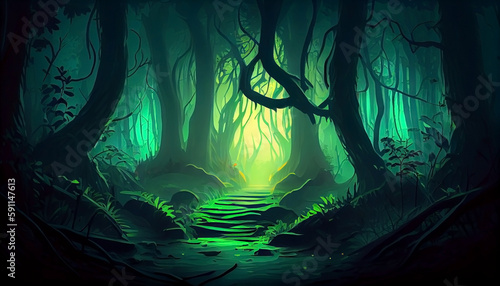 Abstract forest fantasy landscape illustration graphic, by generative AI 