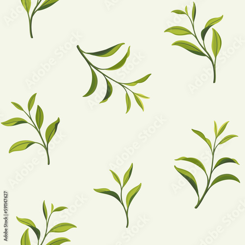 Branch of green tea. Trendy pattern with twig. Vector contour illustration.