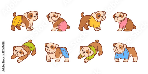 Cartoon dog icon set. Different poses of bulldog with clothes. Vector illustration for prints, clothing, packaging, stickers.