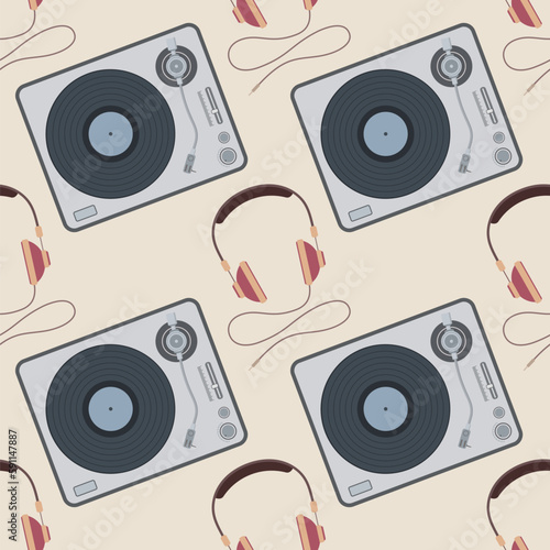 Vector music seamless pattern with vinyl record players and headphones. Music theme. Flat design style. Color vector background.