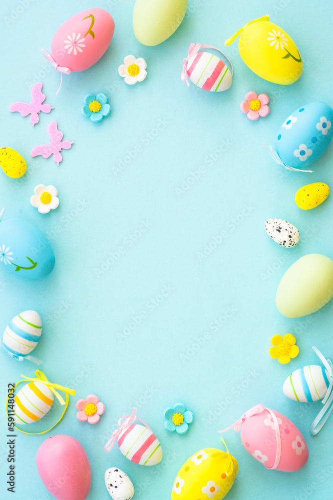 Easter background on blue. Holiday decorations with copy space. Easter background on blue. Holiday decorations with copy space.