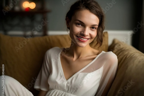 young adult woman sitting on the sofa and smiling feeling satisfied and happy. Generative AI