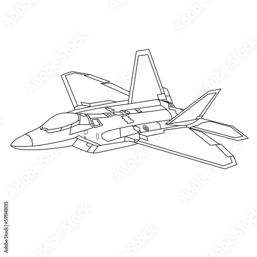 F-22 Raptor Aircraft Outline Illustration. Military Airplane Coloring Book. Black And White Fighter Jet Drawing Line Art Vector. War Plane Contour Sketch