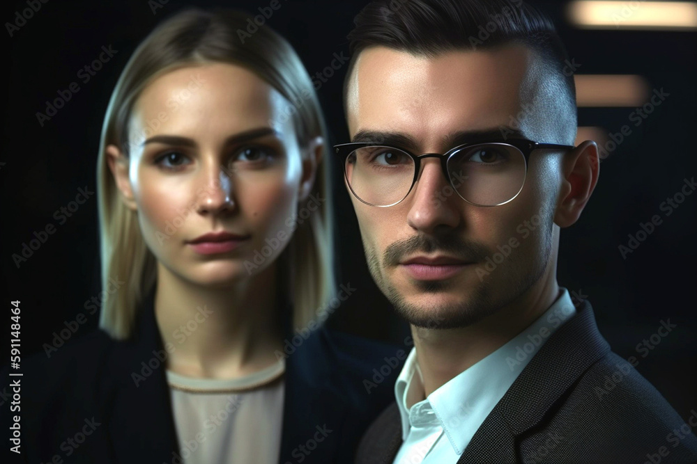 a young woman and a young man in a business suit, front view, serious or serious facial expression. Generative AI a young woman and a young man in a business suit, front view, serious or serious facial expression. Generative AI