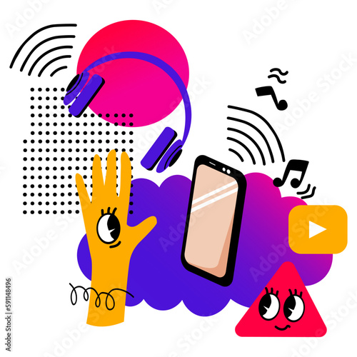 Music on smartphone. Doodles.  Concept of streaming music in online cloud. Soundtracks, songs. Audio radio app. Abstract cute geometric elements. Vector illustration