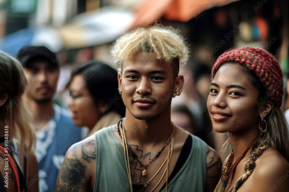 young adult couple on a side street, traveling or living, summer temperatures, other people in the background, fictional location. Generative AI