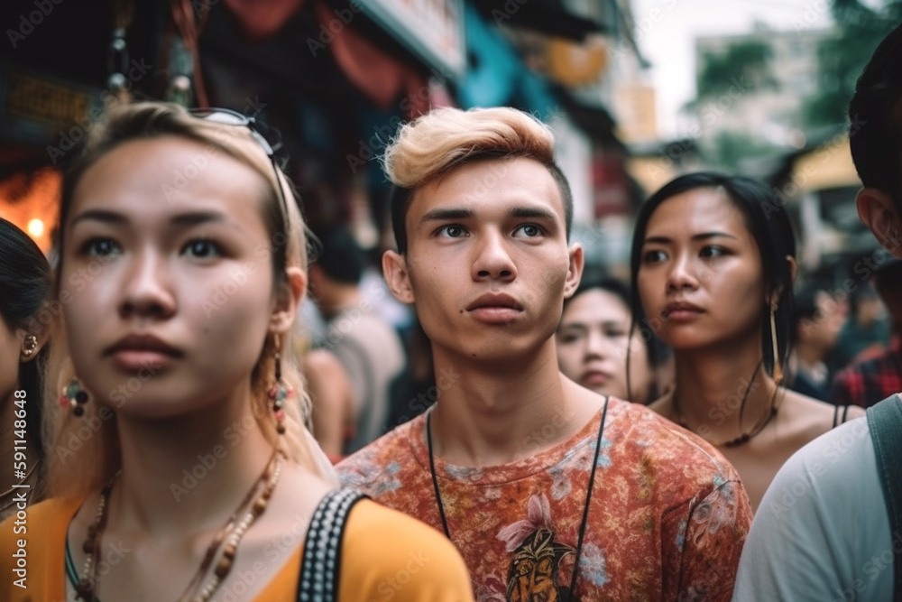 teenage boy or young adult on a crowded side street in an asian country, fictional location. Generative AI teenage boy or young adult on a crowded side street in an asian country, fictional location. Generative AI