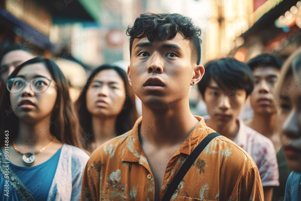 a group of asian people in a narrow side street with critical or negatively surprised facial expressions, problematic fictional situation. Generative AI