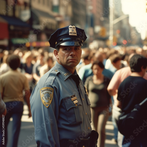 As the early evening falls, a vigilant police officer patrols a busy urban street ensuring safety, Created with generative Ai Technology.