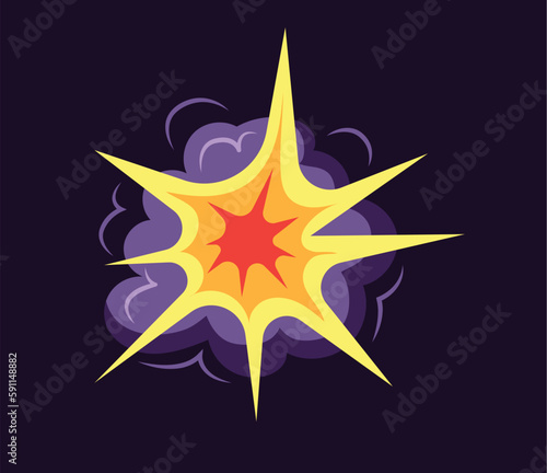 Concept Boom explosion clouds. This is a flat, cartoon-style illustration depicting an explosion or "boom" against a dark background. Vector illustration.