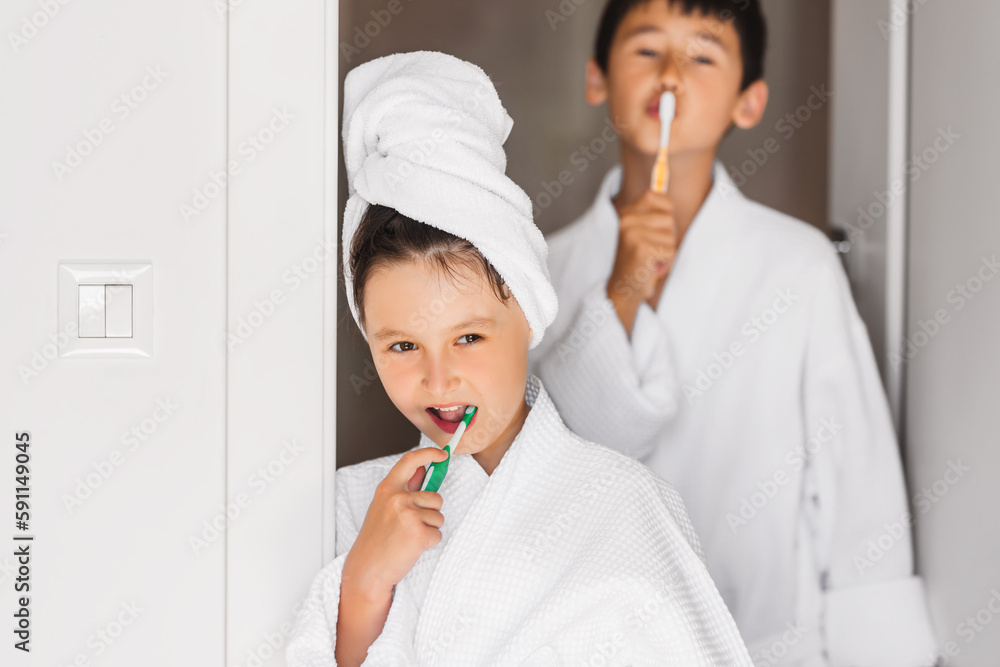Happy family and health, brother and sister brushing their teeth together. Happy family and health, brother and sister brushing their teeth together.