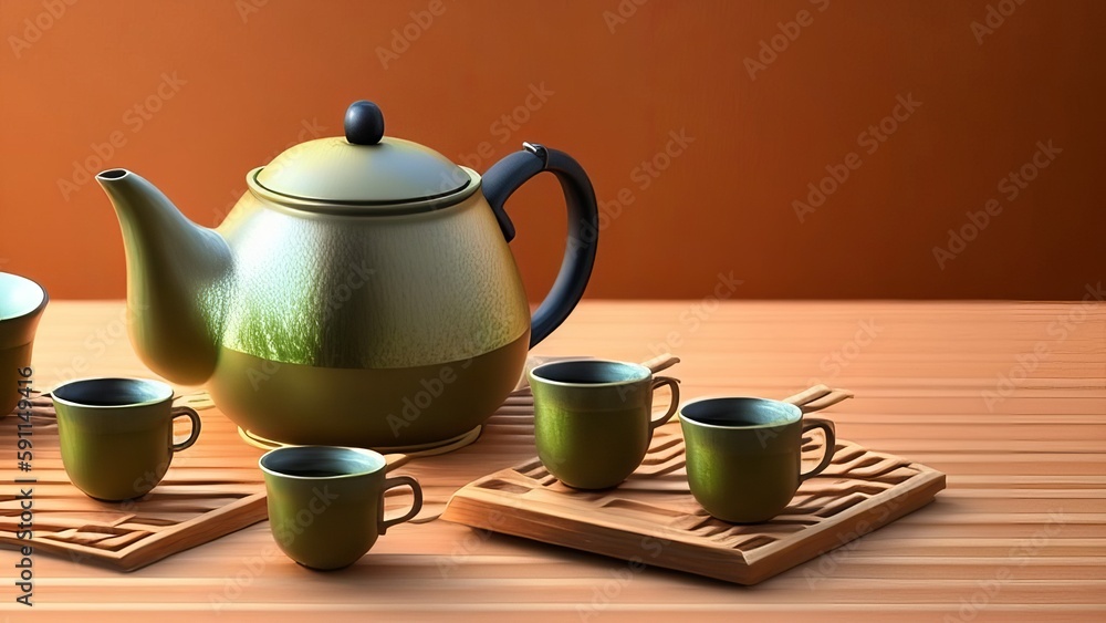 Japanese teapot with hot tea and cups. Generative AI. Japanese teapot with hot tea and cups. Generative AI.