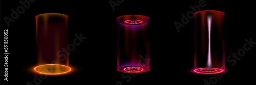 Circular portals, teleport, hologram gadget. Futuristic teleport. Projector HUD or podium for magic circle teleportation. Set of circle holograms