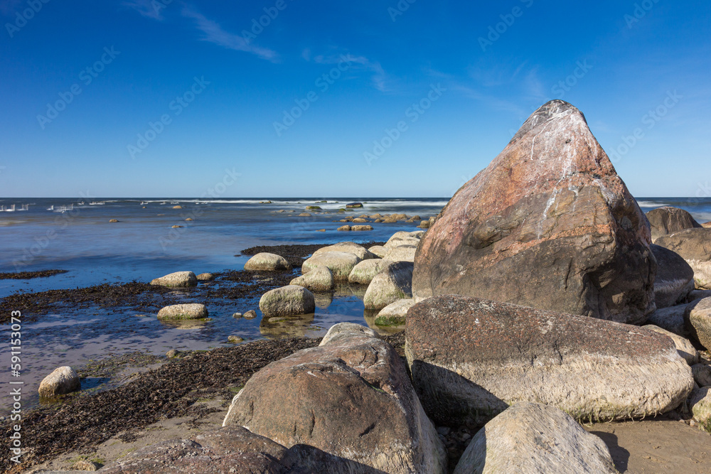 Unusually low water level in the Baltic Sea. All coastal rocks are visible.