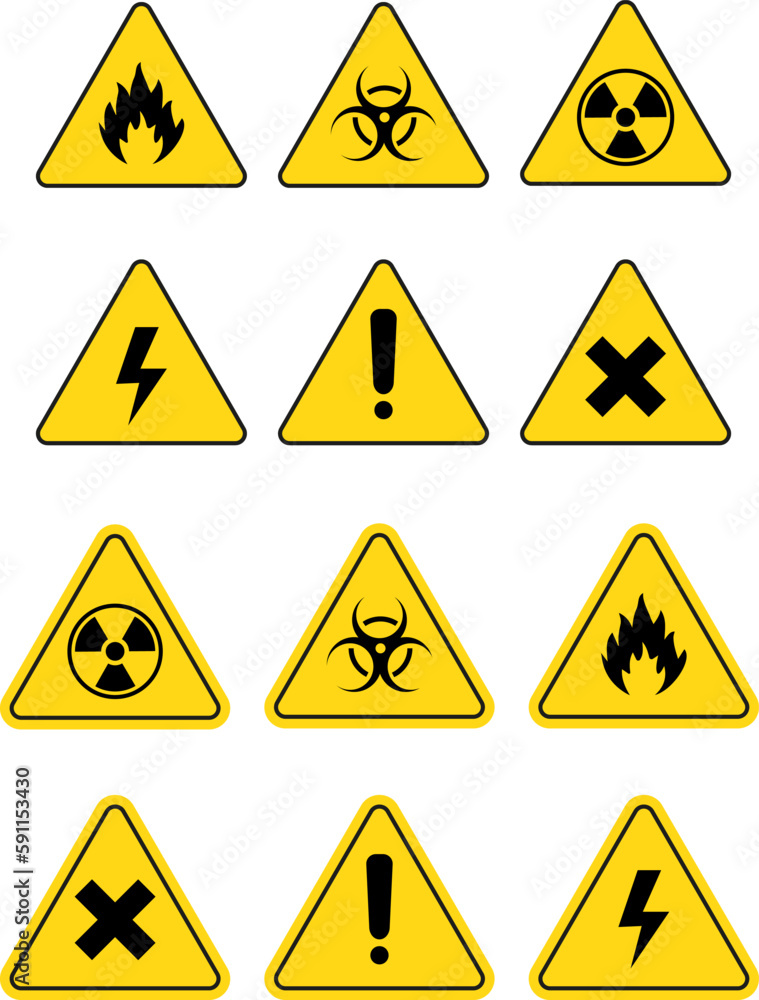 Warning and hazard symbols on yellow triangles vector collection. Safety and caution, risk alert information illustration Warning and hazard symbols on yellow triangles vector collection. Safety and caution, risk alert information illustration