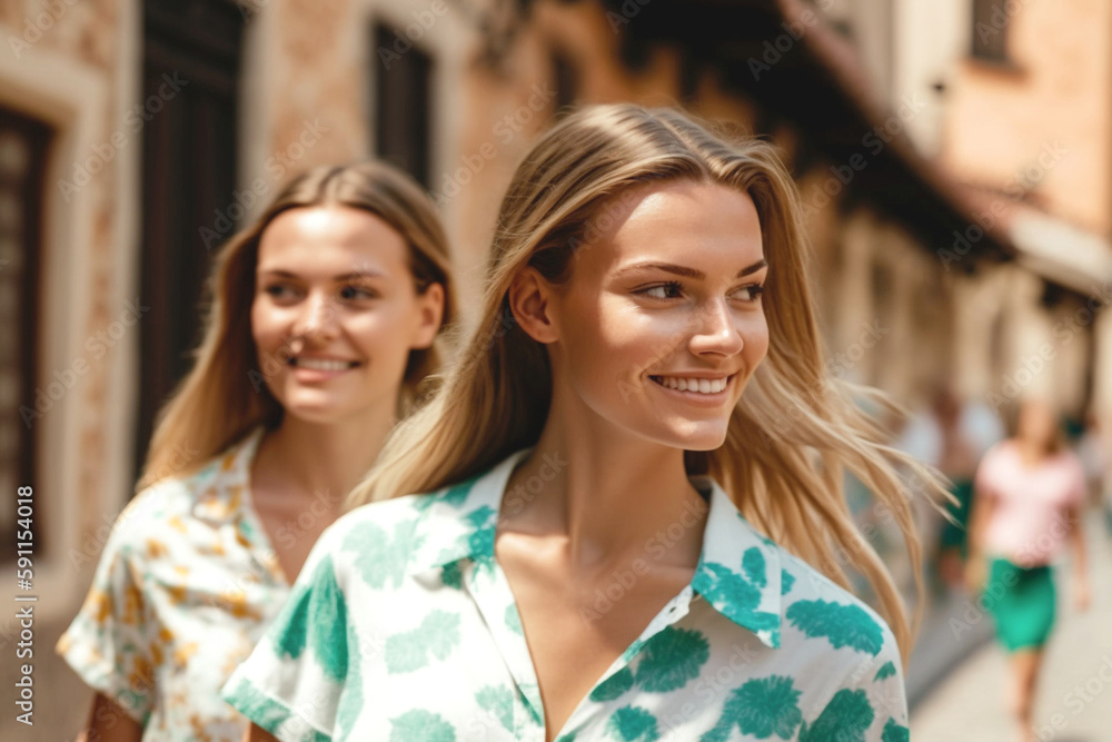custom made wallpaper toronto digitaltwo young adult blonde caucasian women walking between old buildings in sunshine in summer shirt. Generative AI