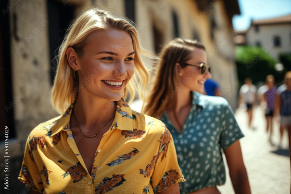 Fototapeta premium two young adult blonde caucasian women walking between old buildings in sunshine in summer shirt. Generative AI