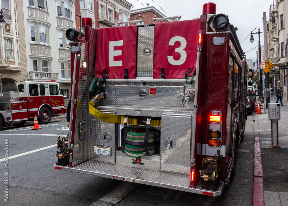 San Francisco, California, USA, June 29, 2022: The San Francisco Fire Station 3 at Post Street, Firefighters' truck parked on the road.