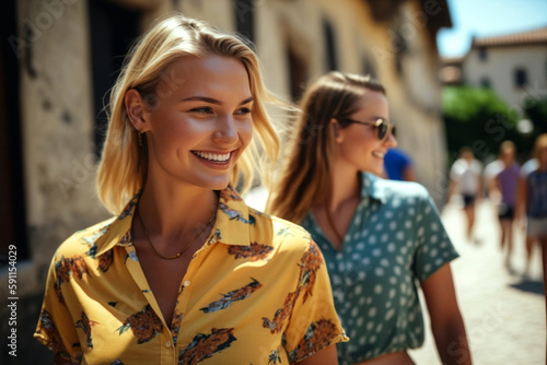 two young adult blonde caucasian women walking between old buildings in sunshine in summer shirt. Generative AI © wetzkaz