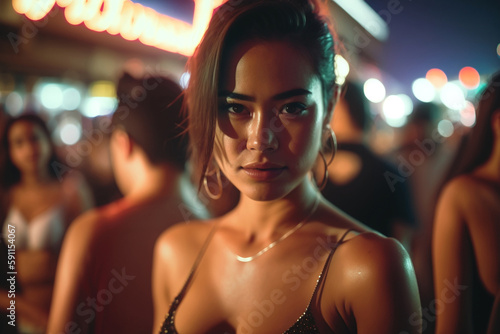 young asian woman in a bar in warm temperatures with sweaty skin, fun and joy, at night in a fictitious place. Generative AI photo