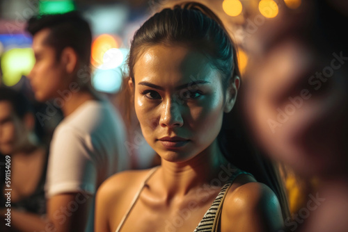 young asian woman in a bar in warm temperatures with sweaty skin, serious or bad mood, at night in a fictitious place. Generative AI © wetzkaz