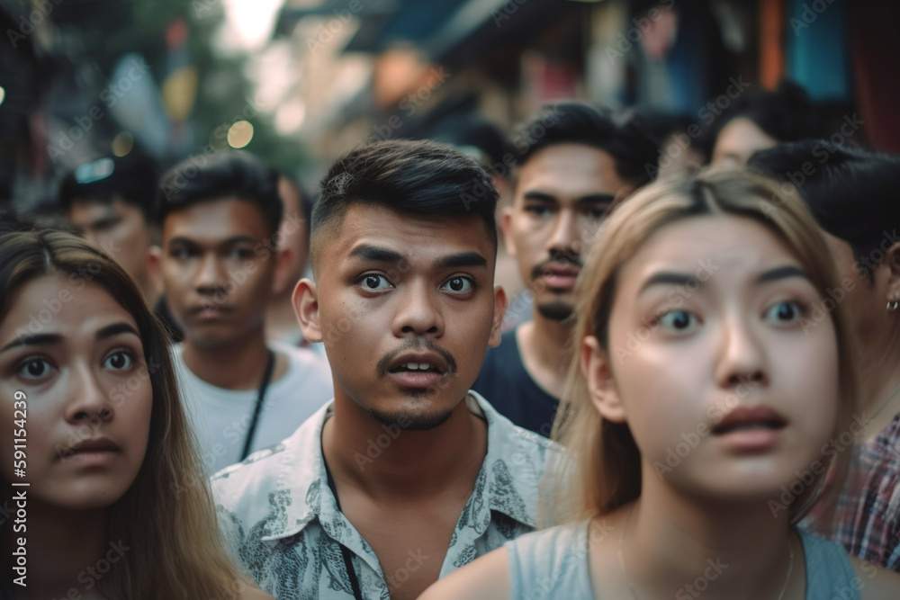 a group of asian people in a narrow side street with critical or negatively surprised facial expressions, problematic fictional situation. Generative AI