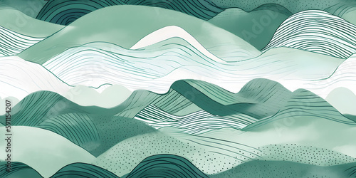 Seamless Abstract playful hand drawn fine line watercolor stripes rolling hills landscape pattern in teal green and white. Baby boy or nautical theme. High resolution textile texture background. photo