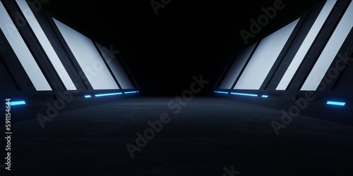 3d rendering of spaceship corridor blue neon glowing hallway dark background. Scene for advertising, showroom, technology, future, modern, sport, game, metaverse. Sci Fi Illustration. Product display photo