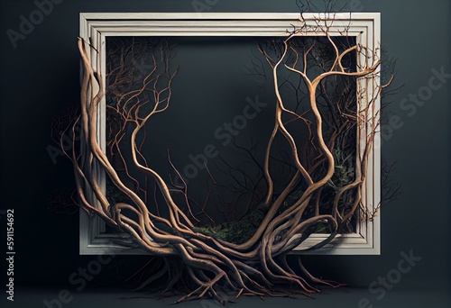 Branches of tree roots frame an empty frame. AI generated. Generative AI