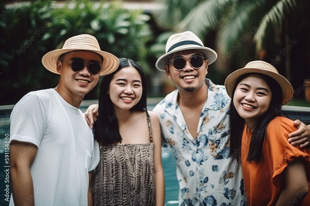 group of 4 people standing at the edge of a private swimming pool in the garden, fictional place. Generative AI group of 4 people standing at the edge of a private swimming pool in the garden, fictional place. Generative AI