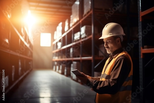 a man with a tablet computer in a warehouse with high racks, wears a hard hat and an orange safety vest. Generative AI