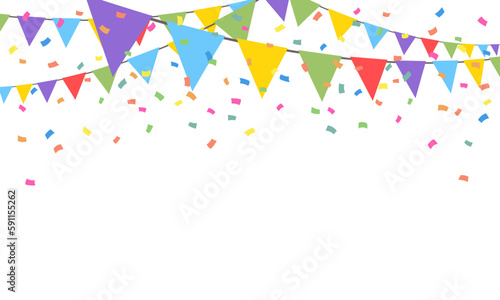 Celebrate hanging triangular garlands with confetti. Colorful perspective flags party isolated on white background. Birthday, Christmas, anniversary, and festival fair concept. Vector illustration.